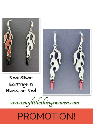 Real Silver Flame Dangle Drop Beaded Earrings in Red or Black