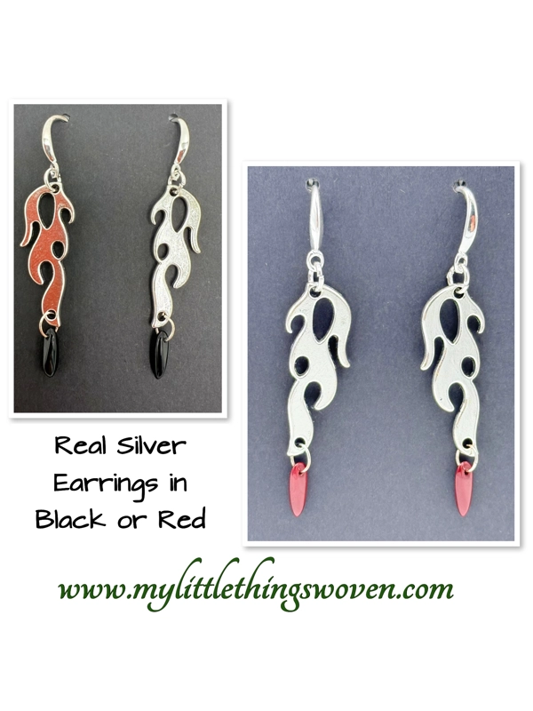 Real Silver Flame Dangle Drop Beaded Earrings in Red or Black