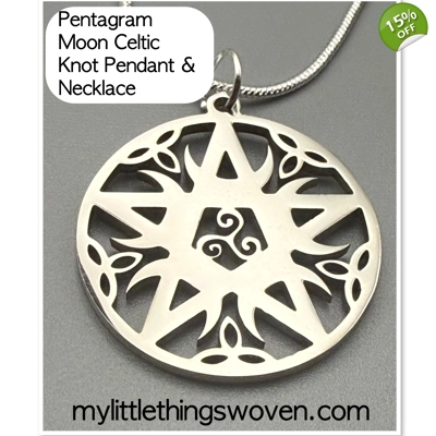 Men's Pentagram Moon Celtic Knot Pendant/Necklace - Stainless Steel/Sterling Silver, Snake Chain
