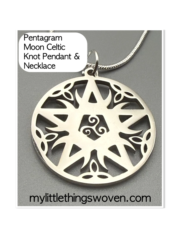 Men's Pentagram Moon Celtic Knot Pendant & Necklace - Stainless Steel/Sterling Silver, Snake Chain