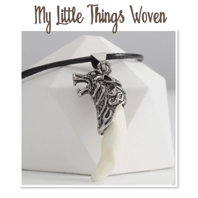 Silver Wolf Teeth Pendant Necklace, White Silver Wolf Teeth Pendant Necklace, White