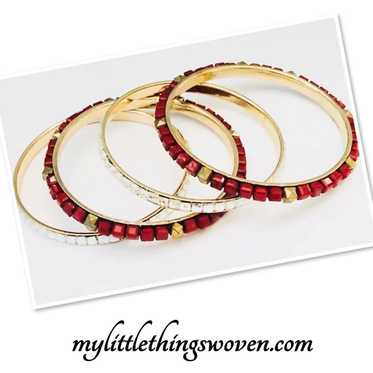 Red Sparkly Bracelet Bangles Set of 4, Gold, Ladies Fashion Party Wear