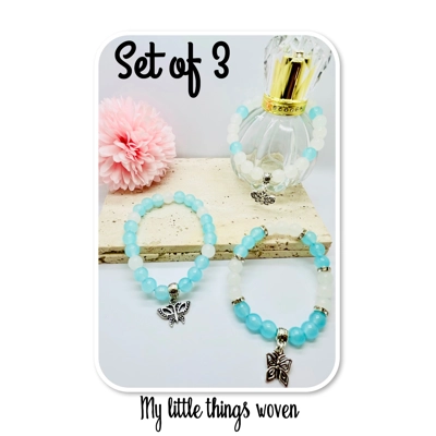 Butterfly Beaded Agate Bracelets Set Of 3 Blue