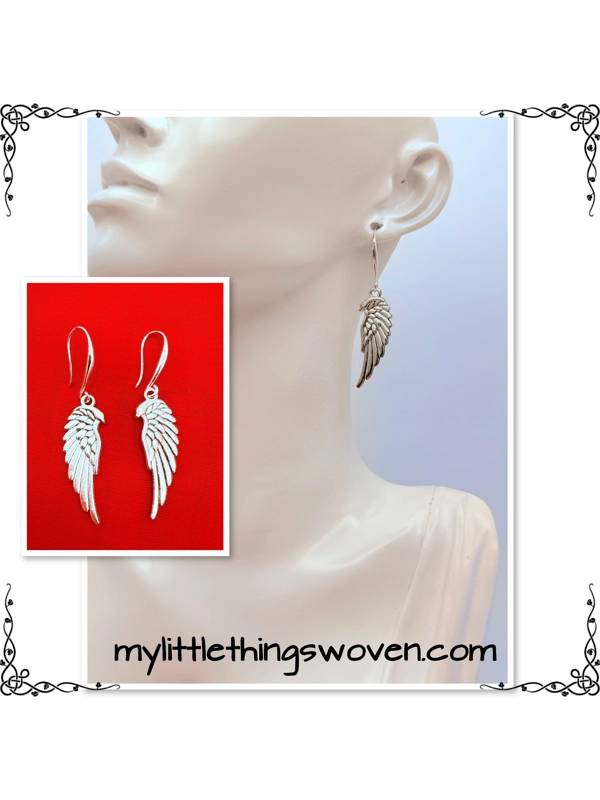 Silver Angel Wings Dangle Drop Earrings Handmade
