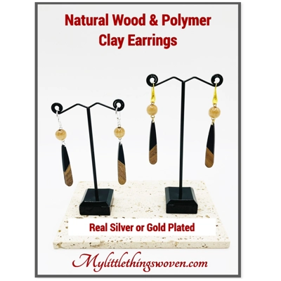 Natural Wood and Polymer Clay Dangle Drop Earrings available in Sterling Silver 925 or 18k Gold Plat
