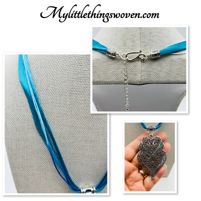 Heart Pendant & Necklace Blue Multi Stranded Adjustable, Silver