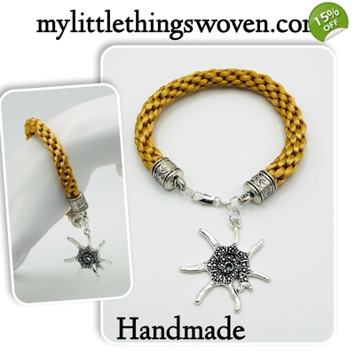 Honey Beige Kumihimo Braided Bracelet with Silver Starfish Dangle Charm