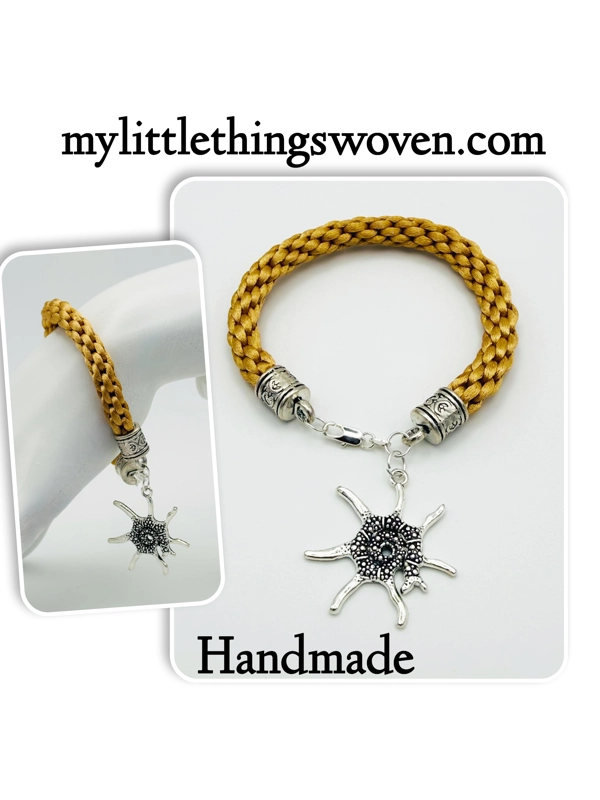Honey Beige Kumihimo Braided Bracelet with Silver Starfish Dangle Charm