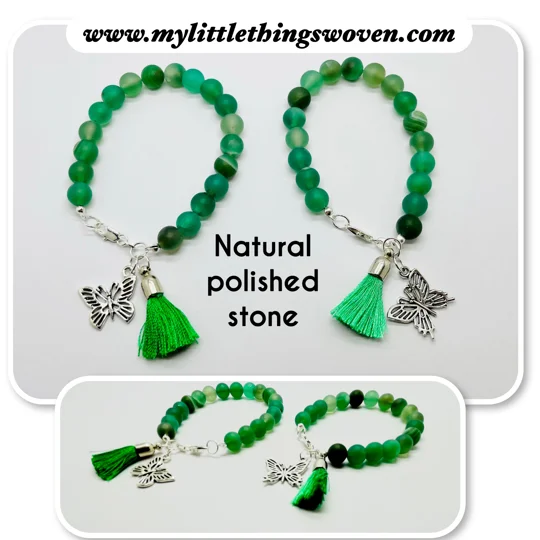 Green Striped Agate Quartz Stone Bead Bracelet + tassel and butterfly dangle charms
