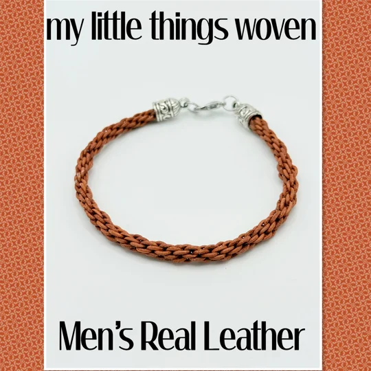 Men's Tan Real Leather Cord Woven Bracelet 8.5" long
