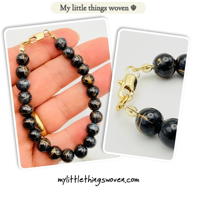 Black/Gold 8mm Round Opaque Glass Draw bench Style Beaded Bracelet, Gold Plated, Handmade Black/Gold 8mm Round Opaque Glass Draw bench Style Beaded Bracelet, Gold Plated, Handmade
