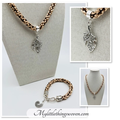 Beige and Brown Necklace + Leaf Pendant & Bracelet + Feather Charm Set