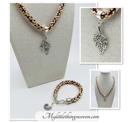 Beige and Brown Necklace + Leaf Pendant & Bracelet + Feather Charm Set