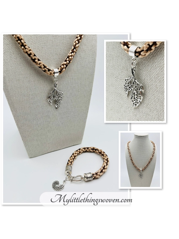 Beige and Brown Necklace + Leaf Pendant & Bracelet + Feather Charm Set