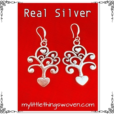 Silver Love Heart Tree Dangle Drop Earrings