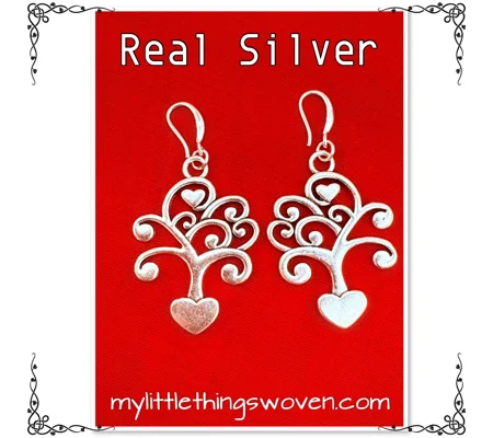 Silver Love Heart Tree Dangle Drop Earrings