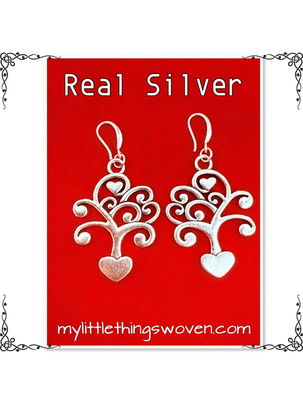 Silver Love Heart Tree Dangle Drop Earrings