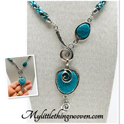 Turquoise Blue Necklace & Pendant + Bracelet + Earrings 3 piece set Handmade