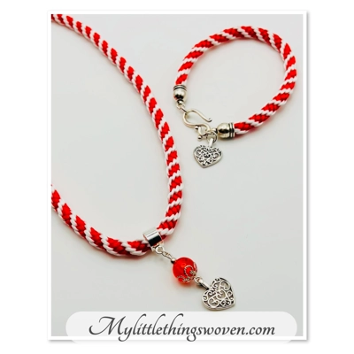 Red And White Spiral Braid Necklace & Bracelet Set With Love Heart Theme Silver