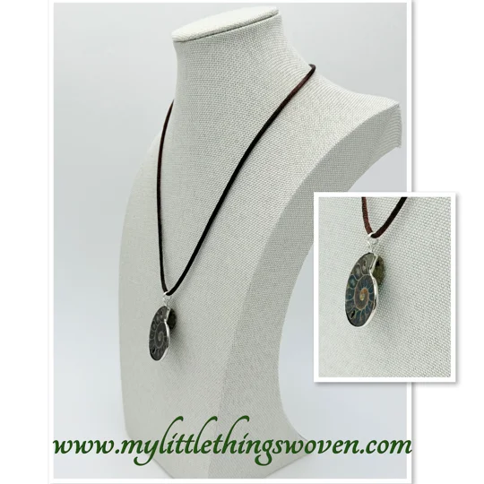 Ammonite Fossil Stone Pendant and Necklace, 18" long Brown Cord