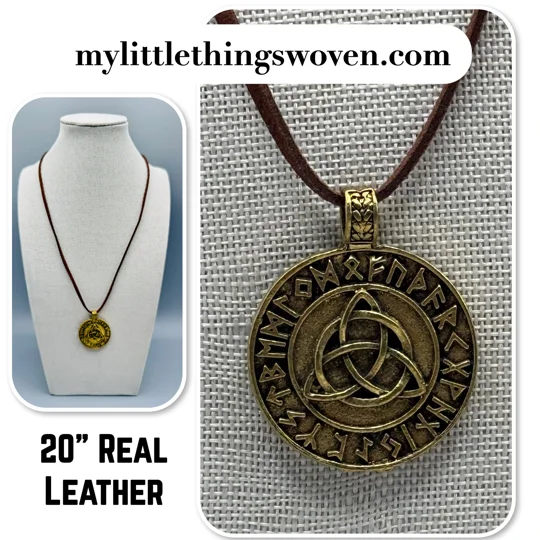Men's Nordic Rune Triquetra Celtic Knot Amulet Pendant/Necklace, Real Leather - Brown