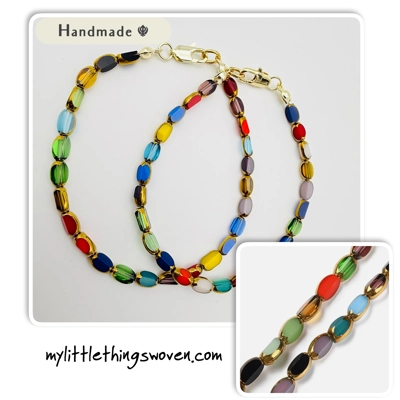 Faceted Oval Multi-coloured Glass Beaded Bracelet, Gold Plated, Handmade. Faceted Oval Multi-coloured Glass Beaded Bracelet, Gold Plated, Handmade.