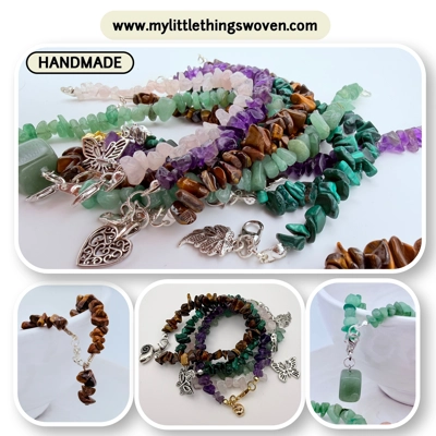Quartz semi precious chipped gemstone bracelets with choice of dangle charm