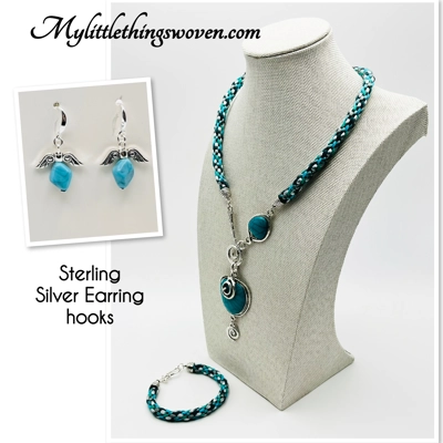 Turquoise Blue Necklace & Pendant + Bracelet + Earrings 3 piece set Handmade