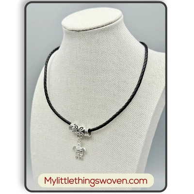 Silver Turtle Pendant & Necklace, Real Leather Cord, Adjustable Length