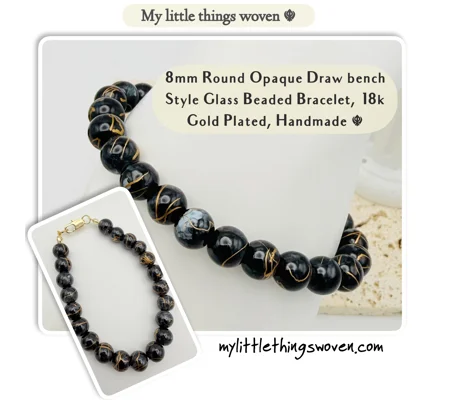 Black/Gold 8mm Round Opaque Glass Draw bench Style Beaded Bracelet, Gold Plated, Handmade