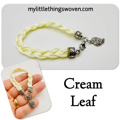 Cream Flat Braided Bracelet with Silver Leaf Dangle Charm