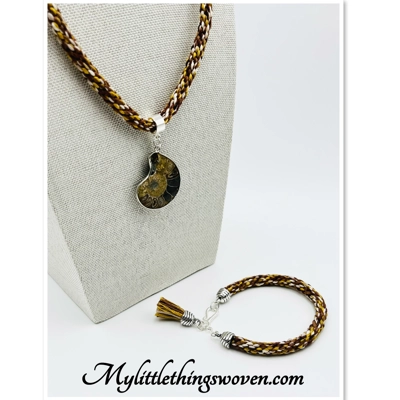 Brown Ammonite Fossil Necklace & Pendant + Bracelet 2 piece set Handmade Brown Multi