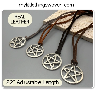 Men's Silver Pentagram Pendant/Necklace, Real Leather Cord - Choice of Colours, Men's Silver Pentagram Pendant/Necklace, Real Leather Cord - Choice of Colours,