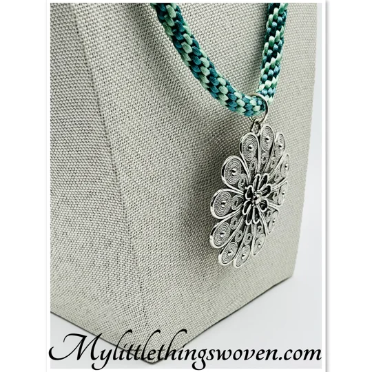 Flower Pendant & Necklace Green Cord Silver