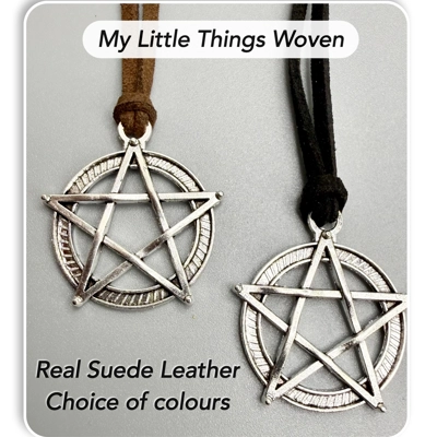 Men's Silver Pentagram Pendant/Necklace, Real Leather Cord - Choice of Colours,