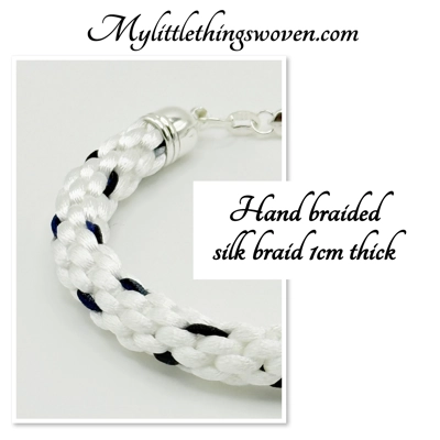 White & Blue Silk Braided Cord Bracelet Real Silver 925 "Made with love" Heart Dangle Charm White & Blue Silk Braided Cord Bracelet Real Silver 925 "Made with love" Heart Dangle Charm