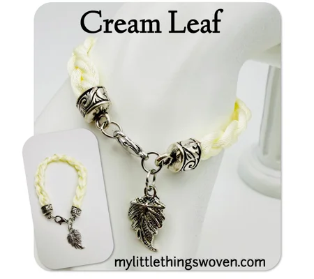 Cream Flat Braided Bracelet with Silver Leaf Dangle Charm