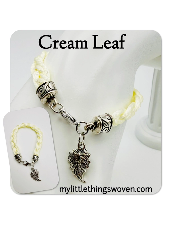 Cream Flat Braided Bracelet with Silver Leaf Dangle Charm