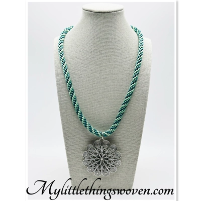 Flower Pendant & Necklace Green Cord Silver