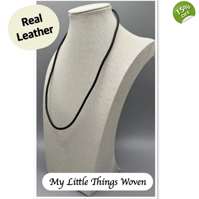 Men's Black Real Leather Braided Cord Necklace, Silver - 20-inch