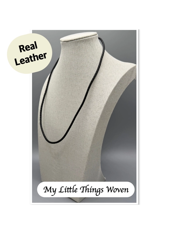 Men's Black Real Leather Braided Cord Necklace, Silver - 20-inch