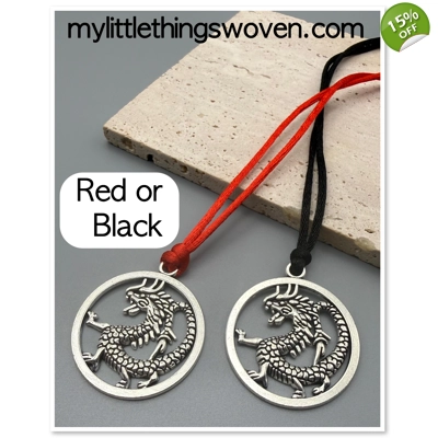 Dragon Pendant/Necklace - Red/Black,Antique Silver