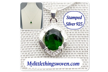 Faux Emerald Pendant & Necklace, Sterling Silver 925, Snak..