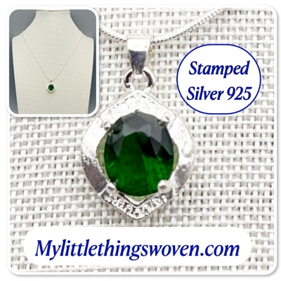 Faux Emerald Pendant & Necklace, Sterling Silver 925, Snake Chain, Adjustable