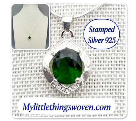 Faux Emerald Pendant & Necklace, Sterling Silver 925, Snake Chain, Adjustable