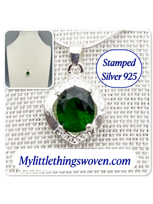 Faux Emerald Pendant & Necklace, Sterling Silver 925, Snake Chain, Adjustable