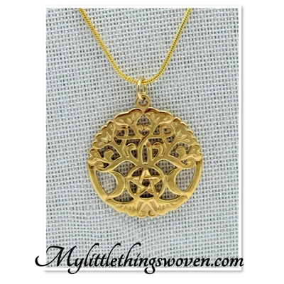 Tree of life with pentagram & moons pendant and necklace 18k gold plated