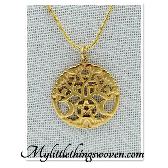 Tree of life with pentagram & moons pendant and necklace 18k gold plated