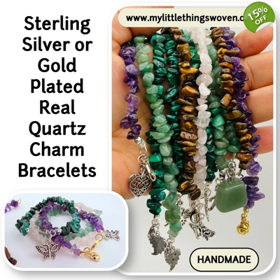 Quartz semi precious chipped gemstone bracelets with choice of dangle charm