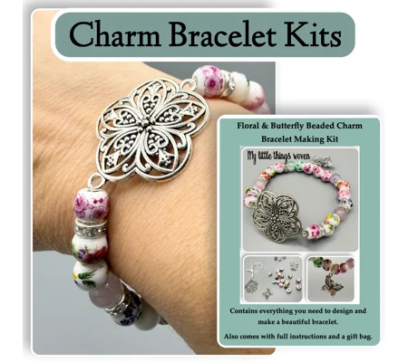 Floral & Butterfly Beaded Charm Bracelet Kit, Porcelain
